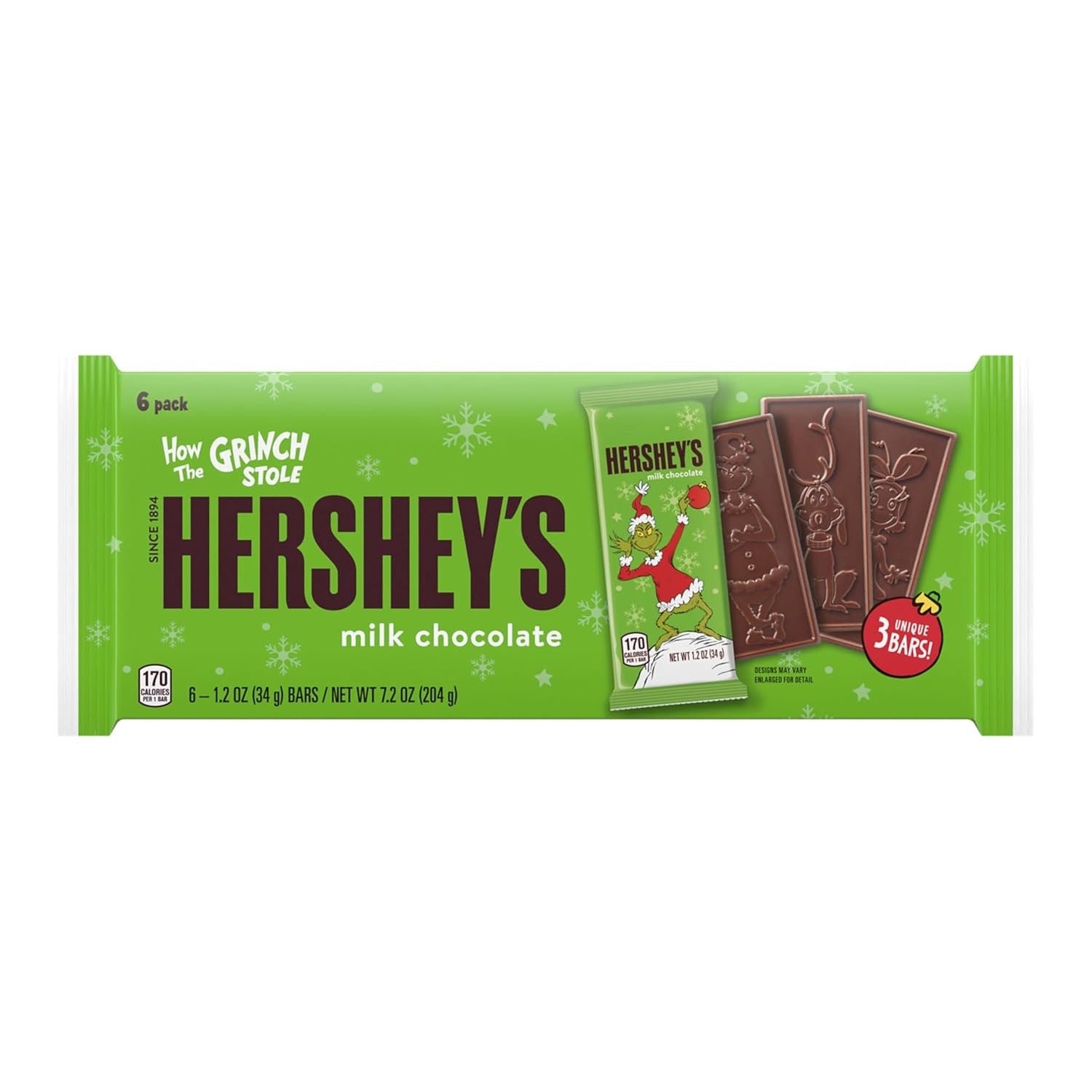 HERSHEY'S Grinch Milk Chocolate, Christmas Candy Bars, 1.2 oz (6 Count) - Image 3