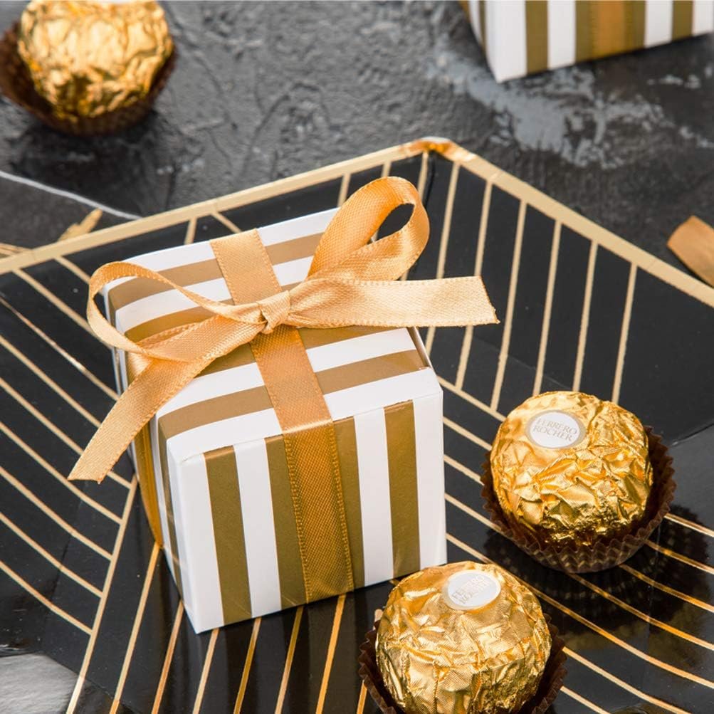AWELL Small Candy Box Bulk 2x2x2 inch with Ribbon, Gold White Strips Box Party Favors Pack of 50 - Image 4