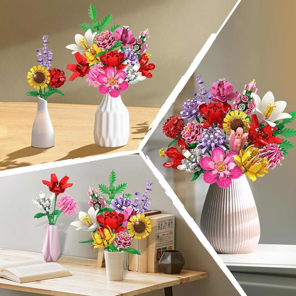 HOGOKIDS Flower Bouquet Set for Adults - Valentine 1461PCS Artificial Flowers Botanical Collection | 18 Sticks Decorative Home Plant Bouquet | Creative DIY Gift for Wife Girlfriend Mom Women Men - Image 4