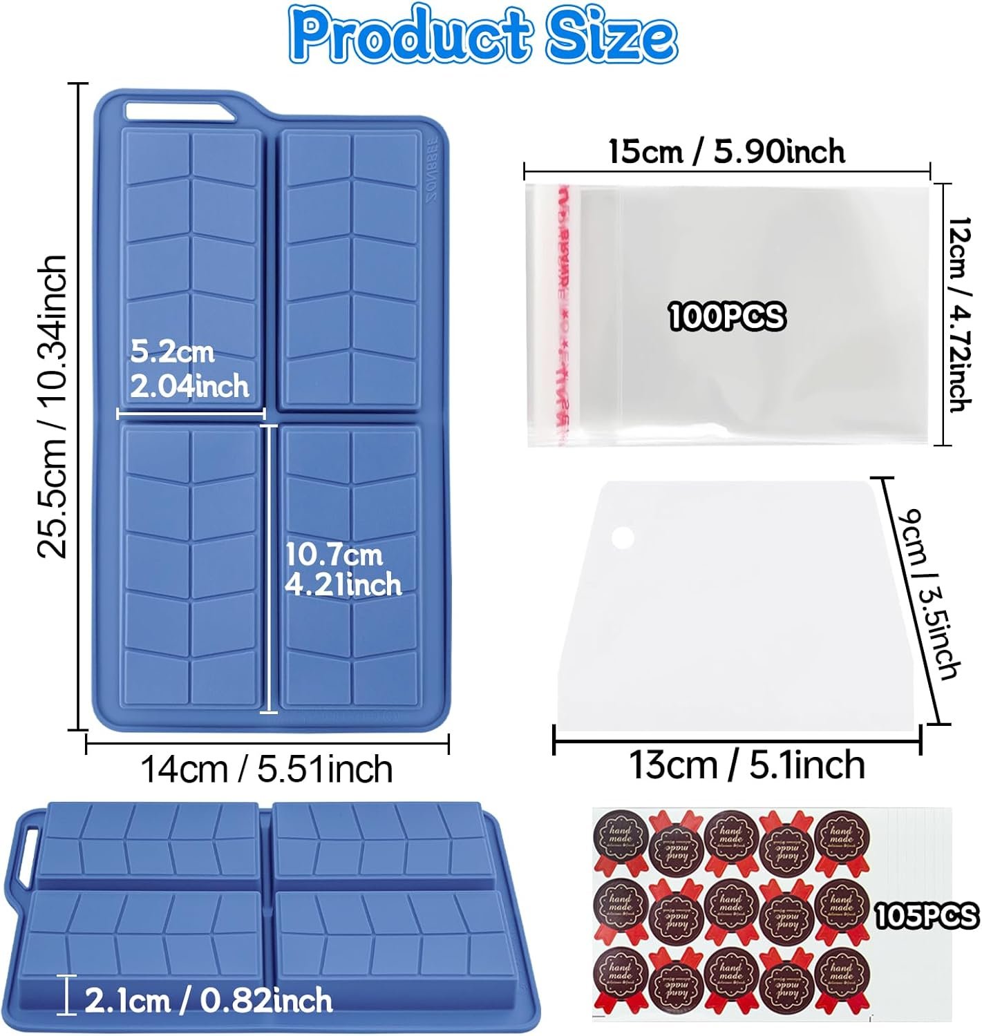 Chocolate Bar Molds Silicone Non Stick 0.82inch Deep,2 Pack Thick Dubai Shapes Chocolate Stuffed Bar Mold Kit for Filling Knafeh Candy with 100pcs Bags and 104pcs Stickers - Image 2