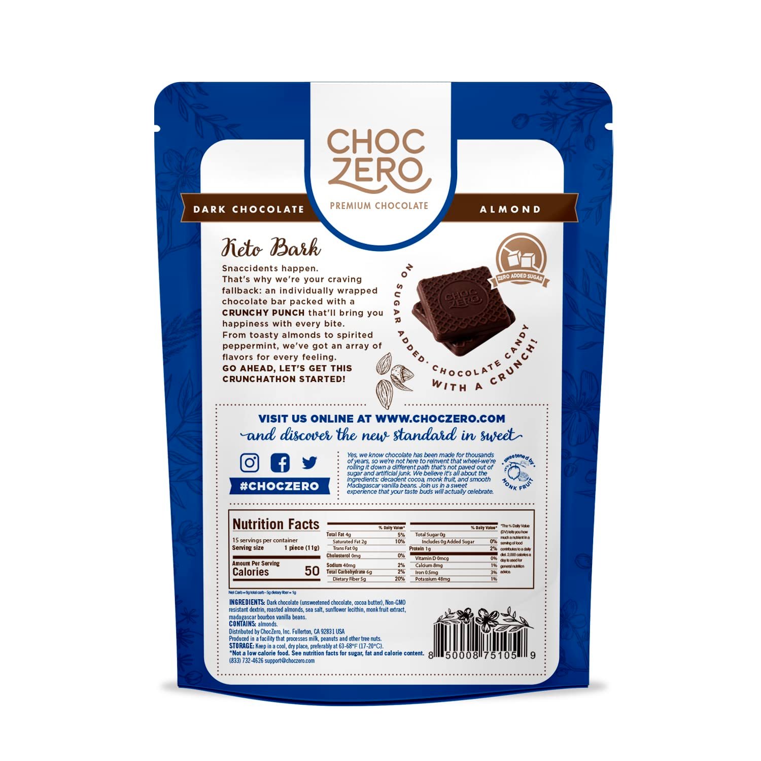 ChocZero Dark Chocolate with Almonds Sea Salt Keto Bark, 6 Ounce (Pack of 1) - Image 2