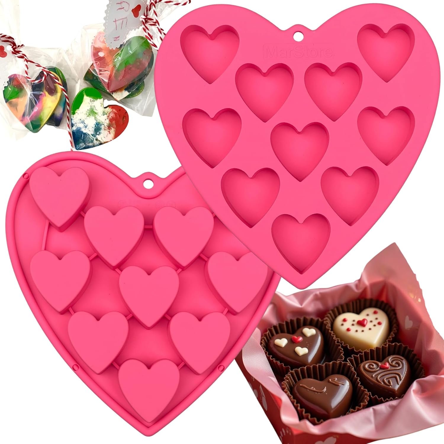 Heart Shaped Cake Pans for Baking, Large 2 Inches Heart Molds, 10 Cavities Suitable for Ice Cube Mold, Chocolate Mold, Valentines Silicone Molds (2, Pink)