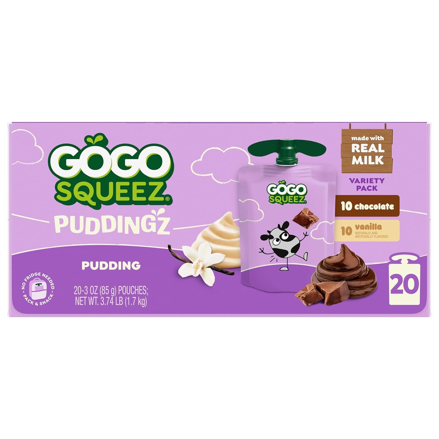 GoGo squeeZ PuddingZ Variety Pack, On-the-Go Chocolate and Vanilla Pudding, 3 oz. Pouches (Pack of 20), BPA Free Pouches - Image 2