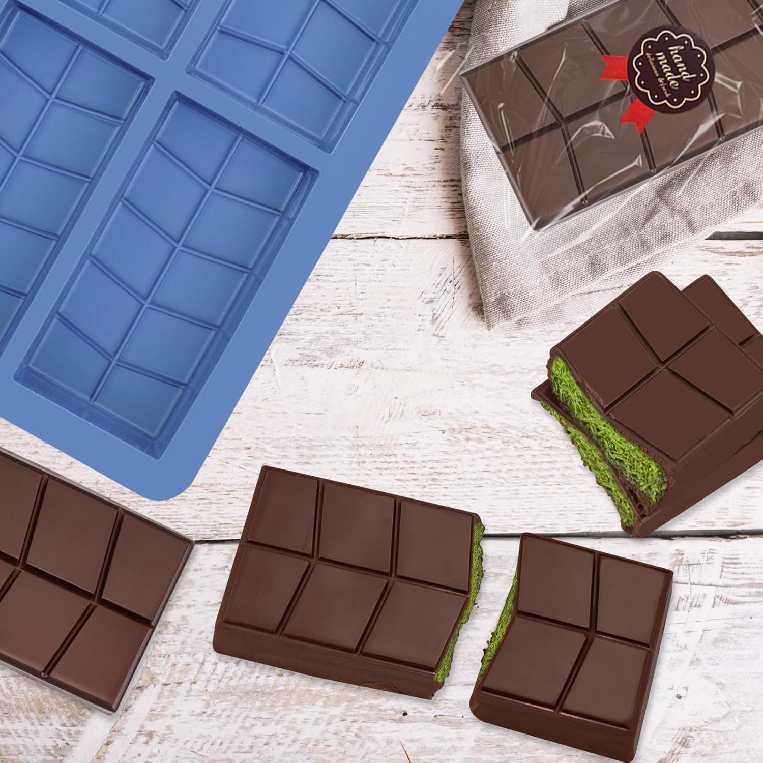 Chocolate Bar Molds Silicone Non Stick 0.82inch Deep,2 Pack Thick Dubai Shapes Chocolate Stuffed Bar Mold Kit for Filling Knafeh Candy with 100pcs Bags and 104pcs Stickers - Image 8