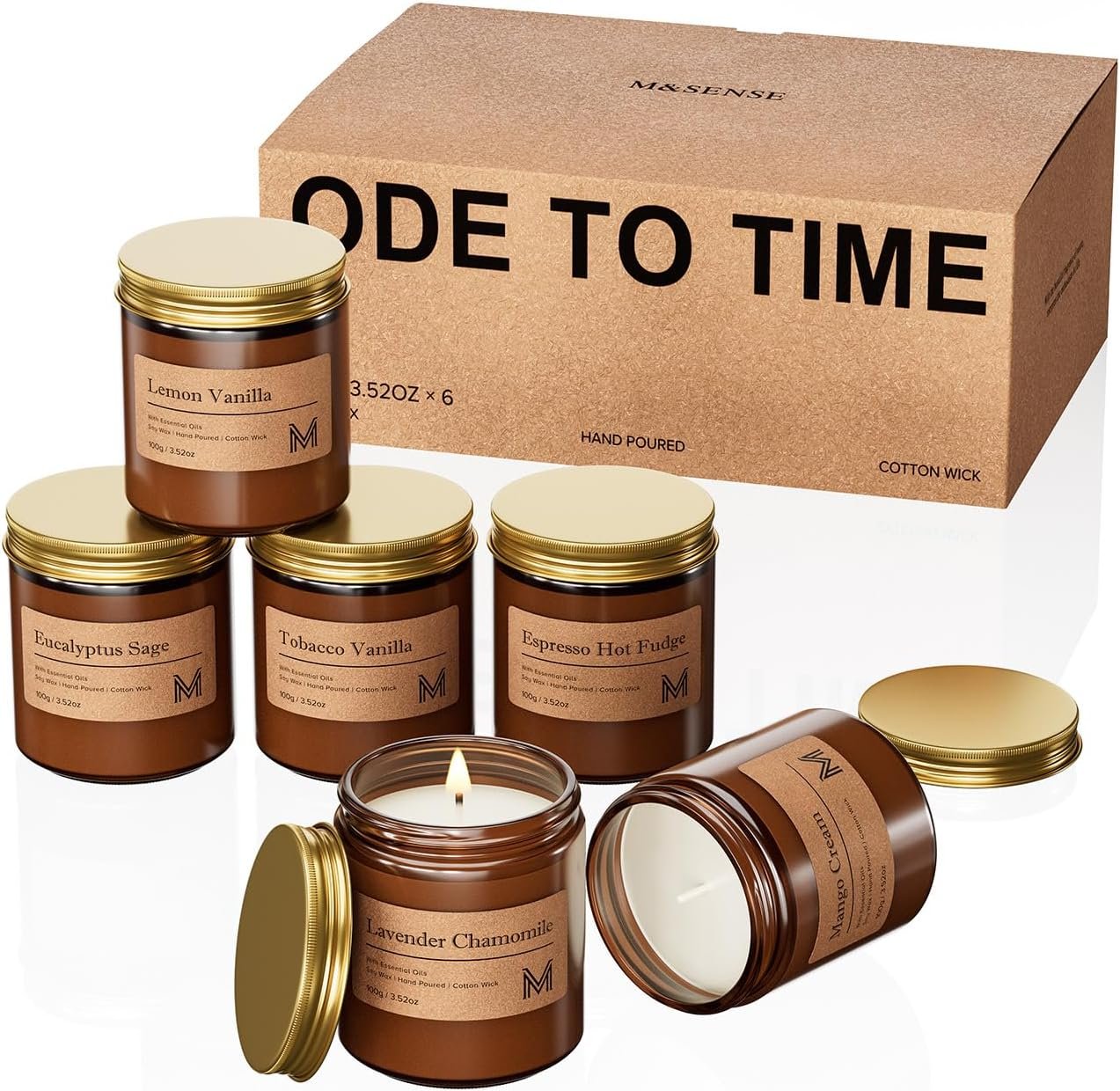 M&SENSE 6 Pack Christmas Candle Gift Set, Aromatherapy Candle Gift for Men and Women, Soy Wax Candles Home Scented, Long Lasting Amber Jar Xmas Candles for Christmas, Thanksgiving, Holiday