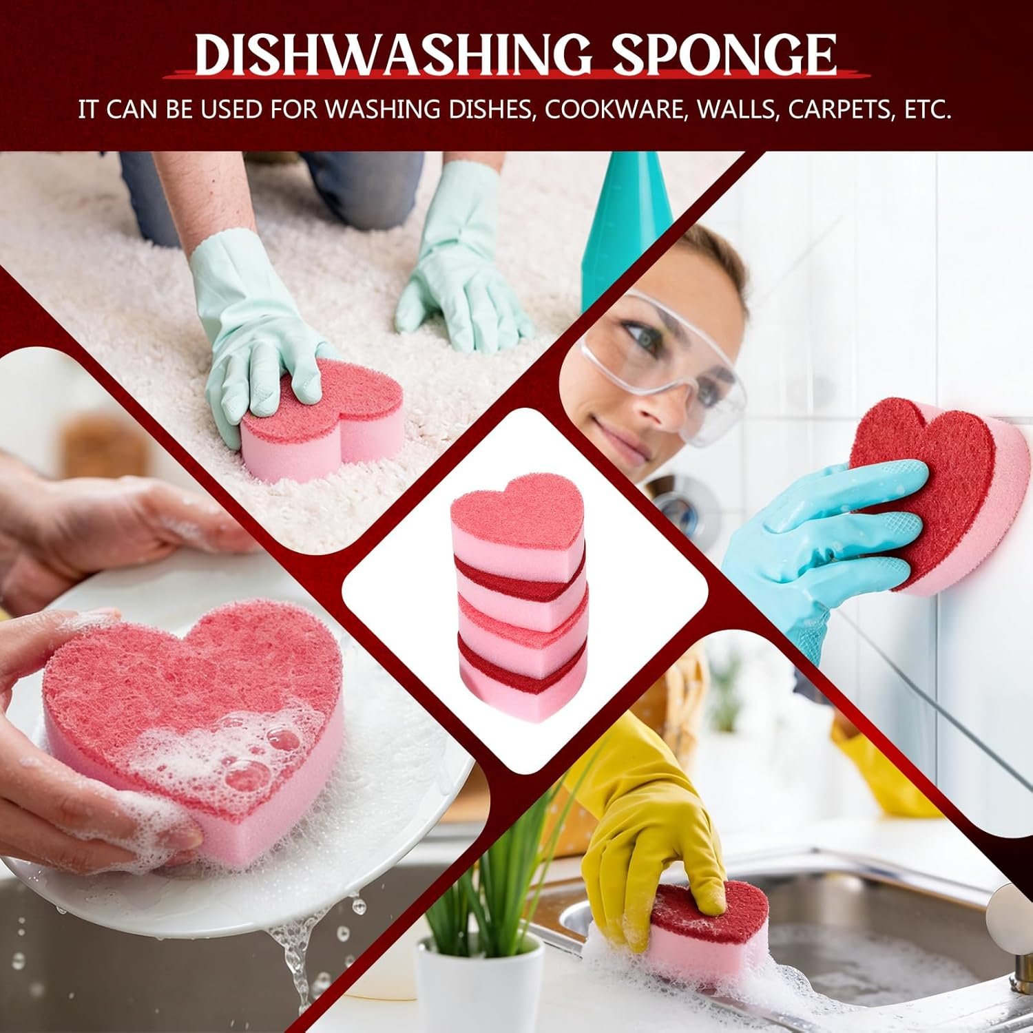Breling 6 Pcs Heart Shaped Scrub Sponges Valentine Gifts Dual-Sided Kitchen Sponge Heart Kitchen Scrubber for Washing Dishes Pots Pans Household Bathroom Cleaning(Red Pink) - Image 5