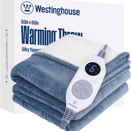 Westinghouse Electric Throw Blanket, Flannel Sherpa Heated Throw with 6 Heating Levels and 2-10 Hours Auto-Off, Flower Jacquard Heated Blanket, Fast Heating & ETL Certification, 50" x 60" Inch, Blue