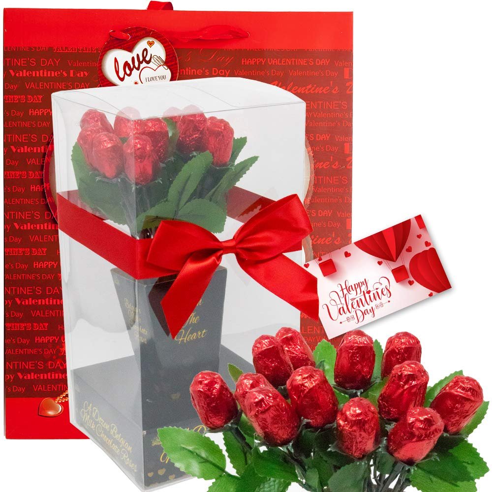 Valentine Chocolate Flower Bouquet | One Dozen Red Sweetheart Roses | Individually Wrapped in Foils Belgian Milk Chocolate | Valentine's Day Gift Bag | Her Wife Girlfriend (LOVE) - Image 4