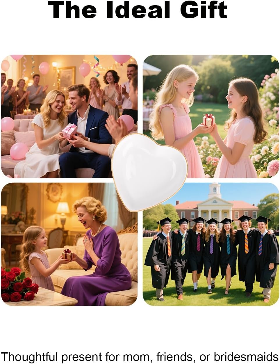 QUELIEN Trinket Dish Heart Shaped Ceramic Dish - Elegant White Jewelry Dish for Rings and Earrings, Heart Ring Tray with Gold Rim - Friendship Gift for Women, Perfect for Vanity, Sink, Nightstand Use - Image 8