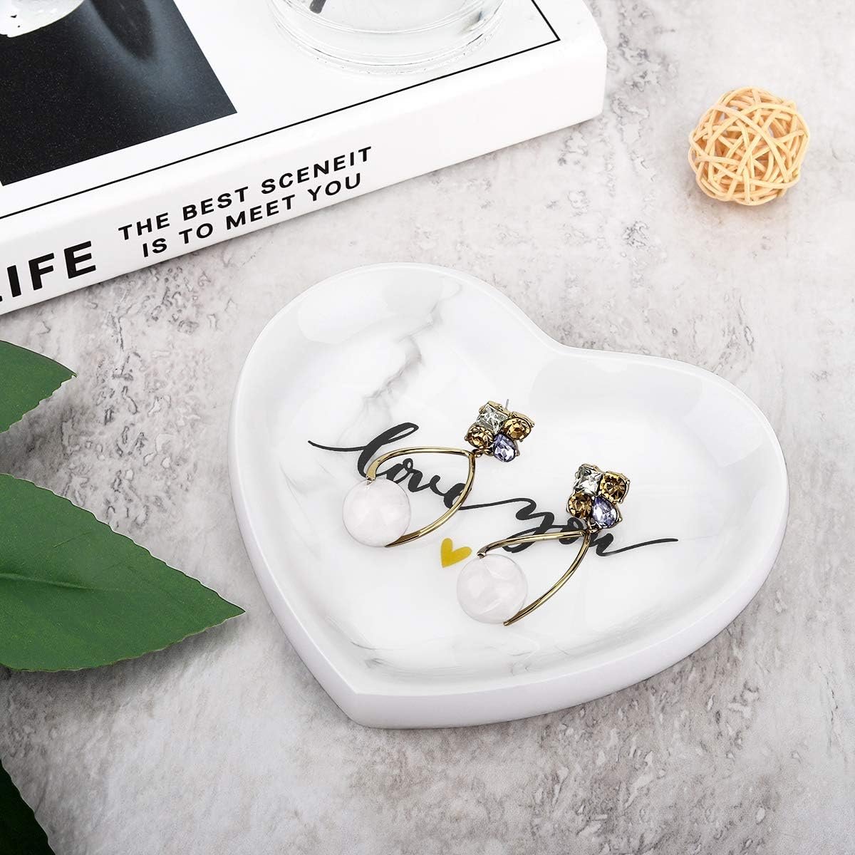 Emibele Jewelry Tray Dish, Heart Shaped Ring Dish Decorative Trinket Plate with Words - Love You Romantic Gifts for Her Mom Daughter Sister Best Friend, White Marble - Image 6