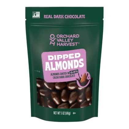 Orchard Valley Harvest Dark Chocolate Dipped Whole California Almonds 5 oz (Pack of 1), Gluten Free, Non-GMO, Stand Up Bag, No Artificial Colors, Flavors or Preservatives, On-The-Go Snack For The Whole Family