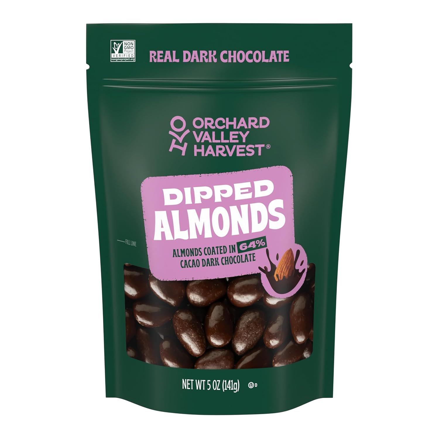 Orchard Valley Harvest Dark Chocolate Dipped Whole California Almonds 5 oz (Pack of 1), Gluten Free, Non-GMO, Stand Up Bag, No Artificial Colors, Flavors or Preservatives, On-The-Go Snack For The Whole Family