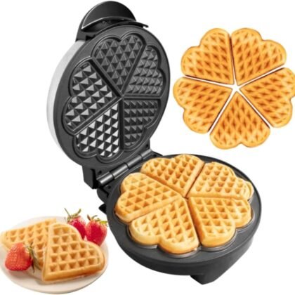Valentine's Day Heart Waffle Maker- Make 5 Heart Shaped Waffles, Special Loved Ones Breakfast- Nonstick Baker w Easy Cleanup, Electric Waffler Griddle Iron Adjustable Temperature Control- Gift for Her