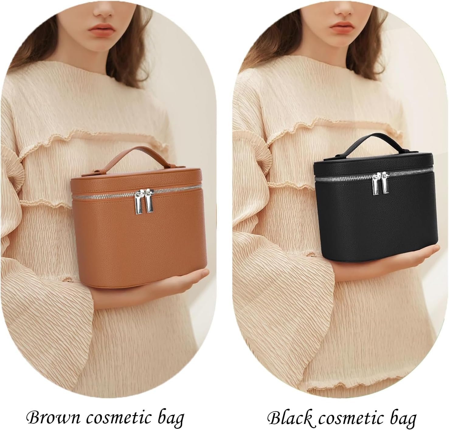 Leather Make Up Bags With Compartments, Brown travel Cosmetic Bags for Women, Parallel Makeup Travel Bags Organizer Equipped With a Detachable Divider - Image 5