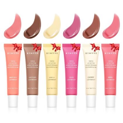 KIMUSE 6 Pcs Tinted Lip Butter Hydration Balm Set, 6 Flavored Shades Hydrating Plumping Gloss with Hyaluronic Acid & Vitamin E, Sheer Tint, Non-Sticky | Vegan Lip Care Makeup for Dry Lips & Daily