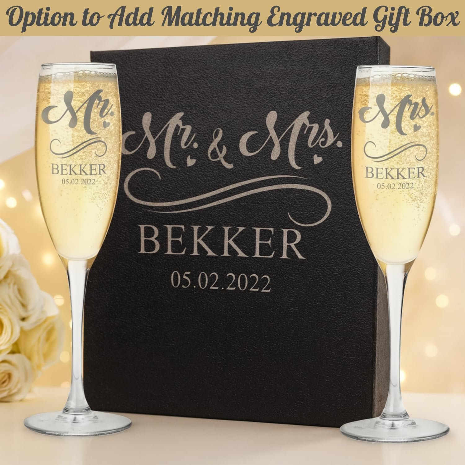 Gifts Inscribed Personalized Champagne Glasses Set of 2 – Engraved Mr and Mrs Champagne Flutes – Custom Stemmed Glassware Gift for Wedding, Engagement, Anniversary, Bridal Party - Image 5