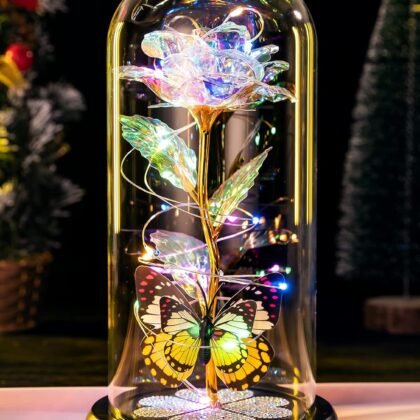Valentines Day Rose Gifts for Her Birthday Gift for Women Galaxy Glass Rose in Glass Dome Forever Eternal Crystal Roses with Butterfly Valentines Day Gifts for Daughter Mom Wife Girlfriend Colorful