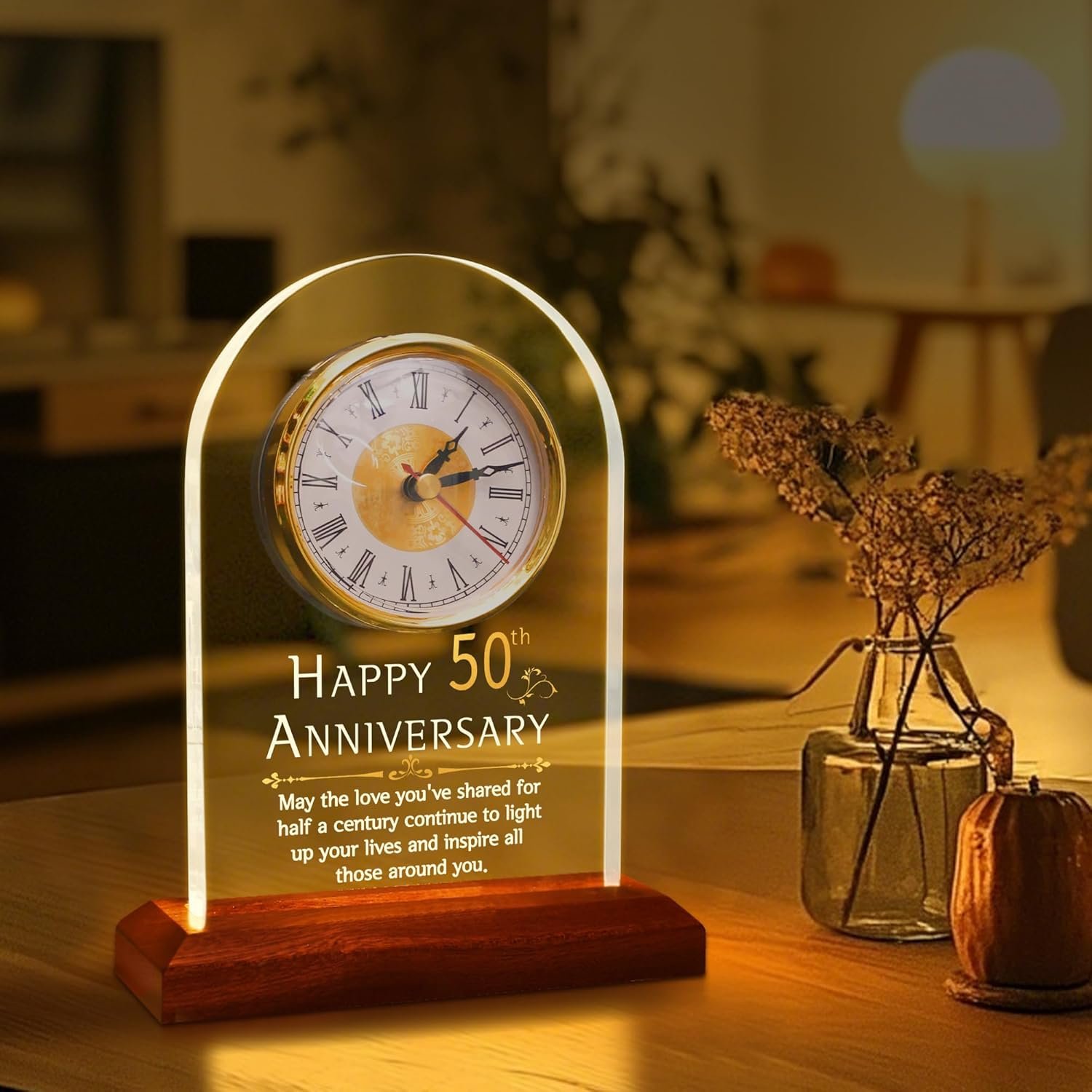 50th Anniversary Wedding Gift, Anniversary Quartz Clock, Desk Table Clock, 50 Years of Marriage, Golden Wedding for Couple, Parents, Grandparents (Wooden Base with LED Light) - Image 2