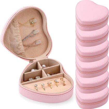6 Pcs Small Travel Style Jewelry Box Galentines Valentine's Day Gift Pink Heart Shape Portable Jewelry Organizer Case Bulk Women Her Sister Bestie Friends gifts for Earrings Rings Necklaces
