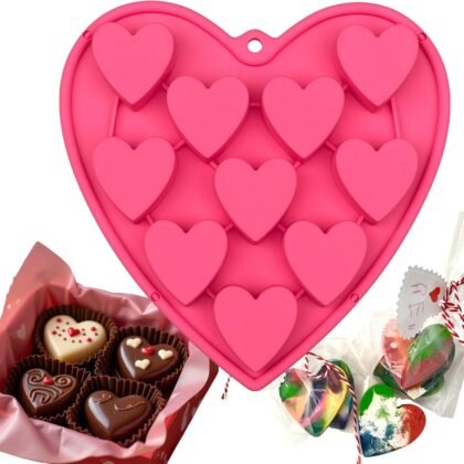 Heart Shaped Cake Pans Heart Silicone Mold for Baking, Large 2 Inches Molds, 10 Cavities Suitable for Ice Cube Mold, Chocolate Mold, Valentines Silicone Molds (1, Pink)