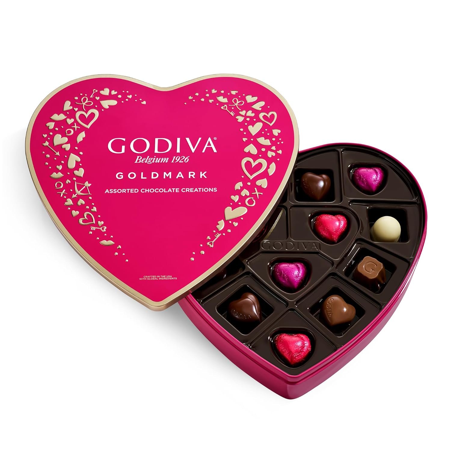 Godiva Goldmark Heart Chocolate Box, Assorted Milk, White and Dark Chocolates, Elegant Valentine’s Day Gift Tin, 14 Pc