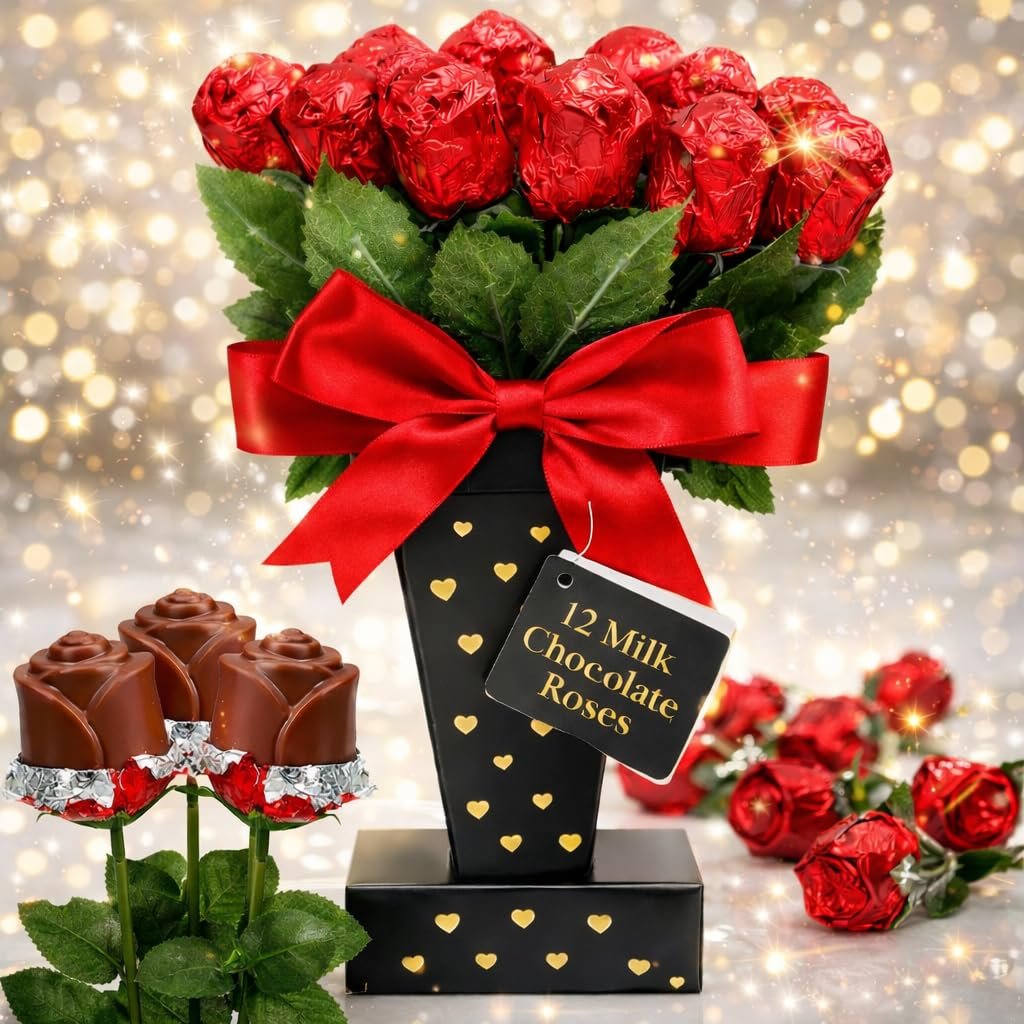 One Dozen Belgian Milk Chocolate Roses in Gift Box | Edible Bouquet Flower - Gift | Sweet Love Her Wife Girlfriend Daughter (1 Gift Box, Sweetheart Chocolate Roses)