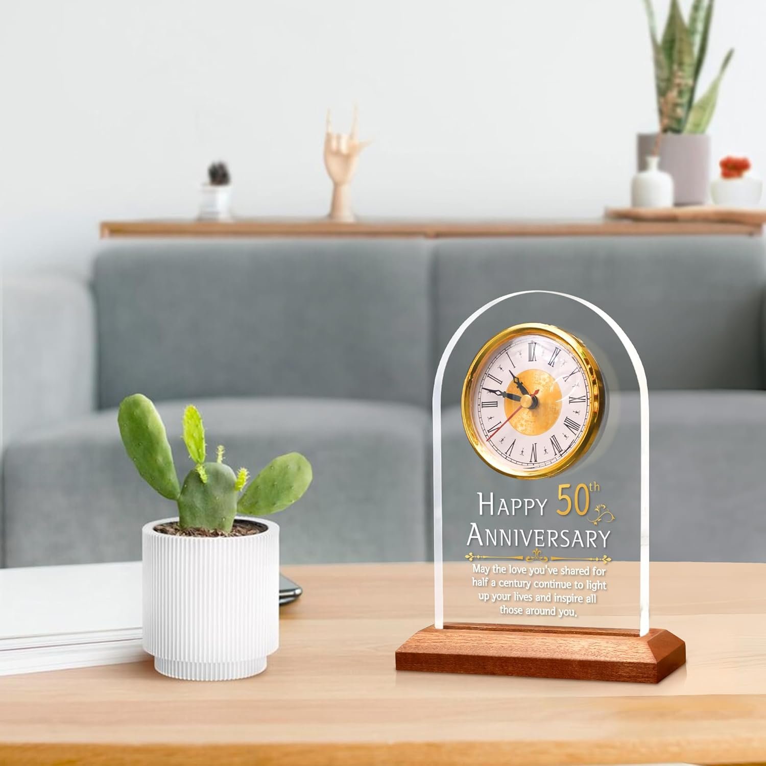 50th Anniversary Wedding Gift, Anniversary Quartz Clock, Desk Table Clock, 50 Years of Marriage, Golden Wedding for Couple, Parents, Grandparents (Wooden Base with LED Light) - Image 8