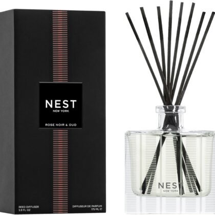 NEST New York Reed Diffuser, Rose Noir & Oud - 5.9 fl oz - Fragrance for Up to 90 Days - Reusable, Refillable Glass Holder - Includes 8 All-Natural Reed Sticks - Flame Free