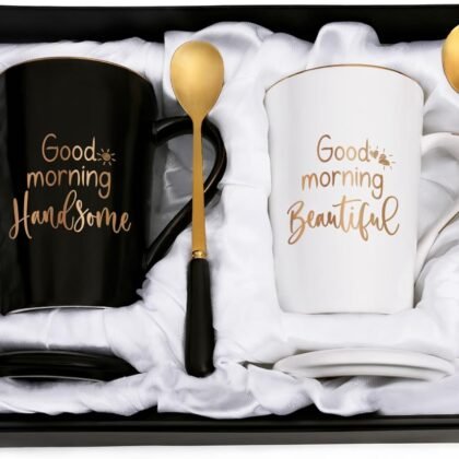 YHRJWN Christmas Couple Gifts, Good Morning Beautiful Handsome Coffee Mugs, His and Hers Gifts, Couple Coffee Mugs Set of 2, Christmas Valentines Day Gift for Couples, Valentine's Coffee Mugs, 14 Oz