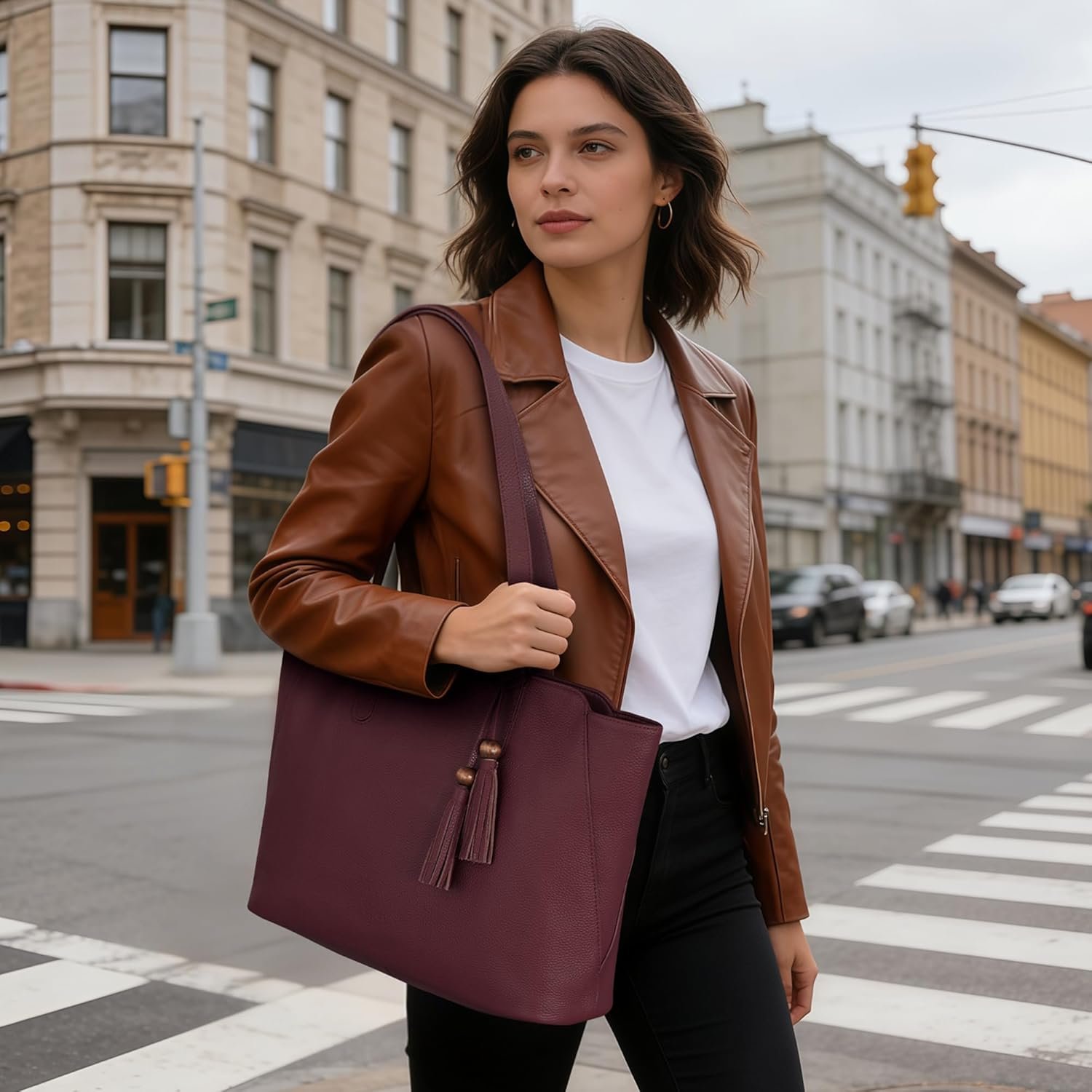 befen Genuine Leather Tote Bag for Women Work, Women's Tote Handbags Shoulder Satchel Purse with Compartments and Tassel - Image 2