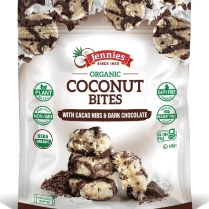 Jennies Organic Coconut Bites with Cacao Nibs and Dark Chocolate, 5.25oz | Gluten Free | Peanut Free | Dairy Free | Non GMO