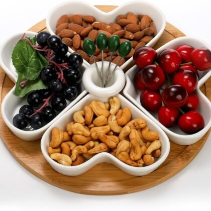 ZEAYEA 11 Inch Appetizer Serving Tray with Holder, Ceramic Divided Serving Platter with Food Picks for Christmas, Relish Tray for Chips and Dip, Veggies, Candy and Snacks, Parties, White