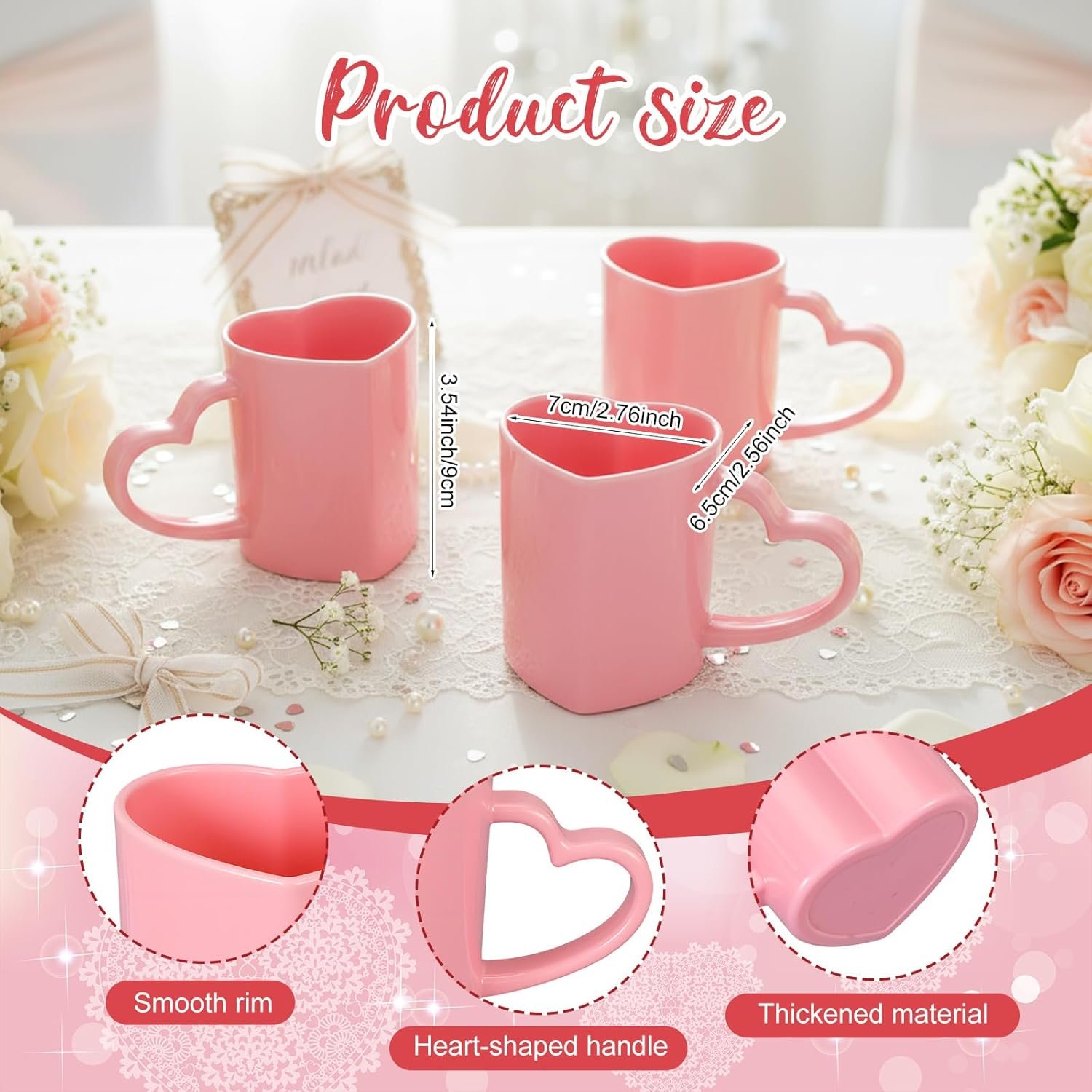 Baderke 12 Pcs Valentine's Day Heart Shaped Mugs with Handles 7.8 oz Reusable Pink Red Love Heart Plastic Drinking Cups for Birthday Wedding Anniversary Party Supplies(Pink) - Image 2