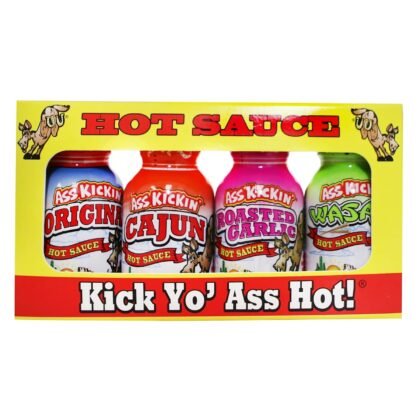 ASS KICKIN' Premium Hot Sauce Bottles Gourmet Gift Set Travel Size – .75 oz. 4 Pack - Try if you dare! – Perfect Gourmet Christmas Gifts for the Hot Sauce Fan