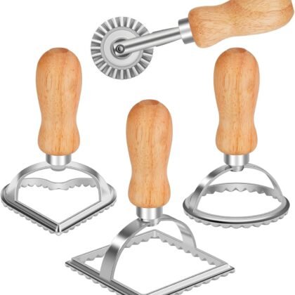 TACGEA Ravioli Stamp Maker Cutter with Roller Wheel (Set of 4), Wooden Handle and Fluted Edge, for Ravioli, Pasta, Dumplings Lasagna, Pierogi
