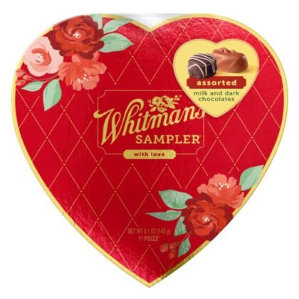 Whitman's Sampler Valentine's Day Heart Shaped Box - Red Floral Heart - Delicious Classic Treats - 11 Pieces Per Box - Start a Tasty Tradition