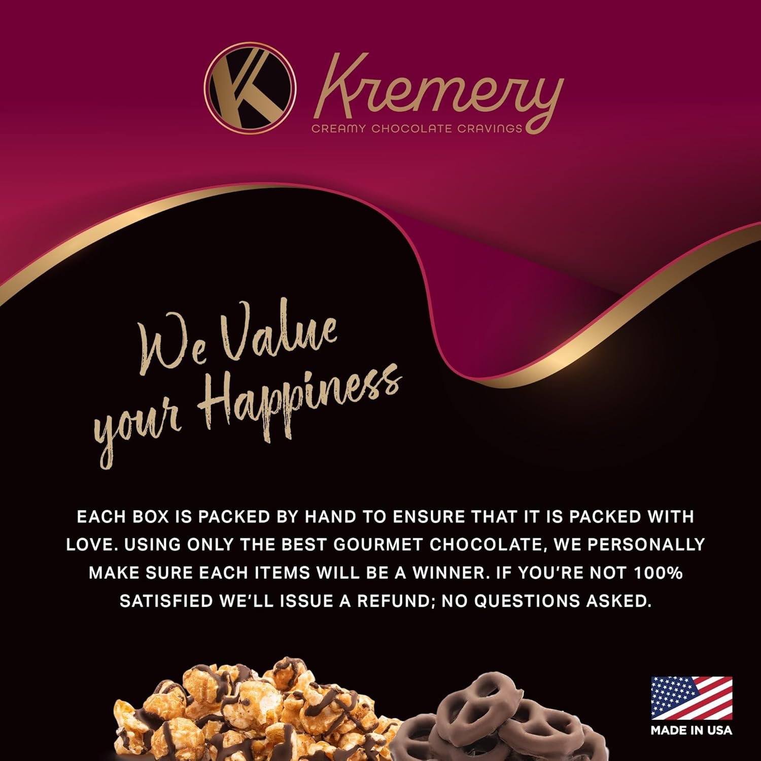 KREMERY Creamy Chocolate Cravings Valentines Day Gift Basket - Chocolate Covered Pretzels, Nuts, Candy & Caramel Popcorn (Deluxe, 3.5 lbs) Sweet Treats Arrangement in Seagrass Tray with Ribbon Kosher - Image 8