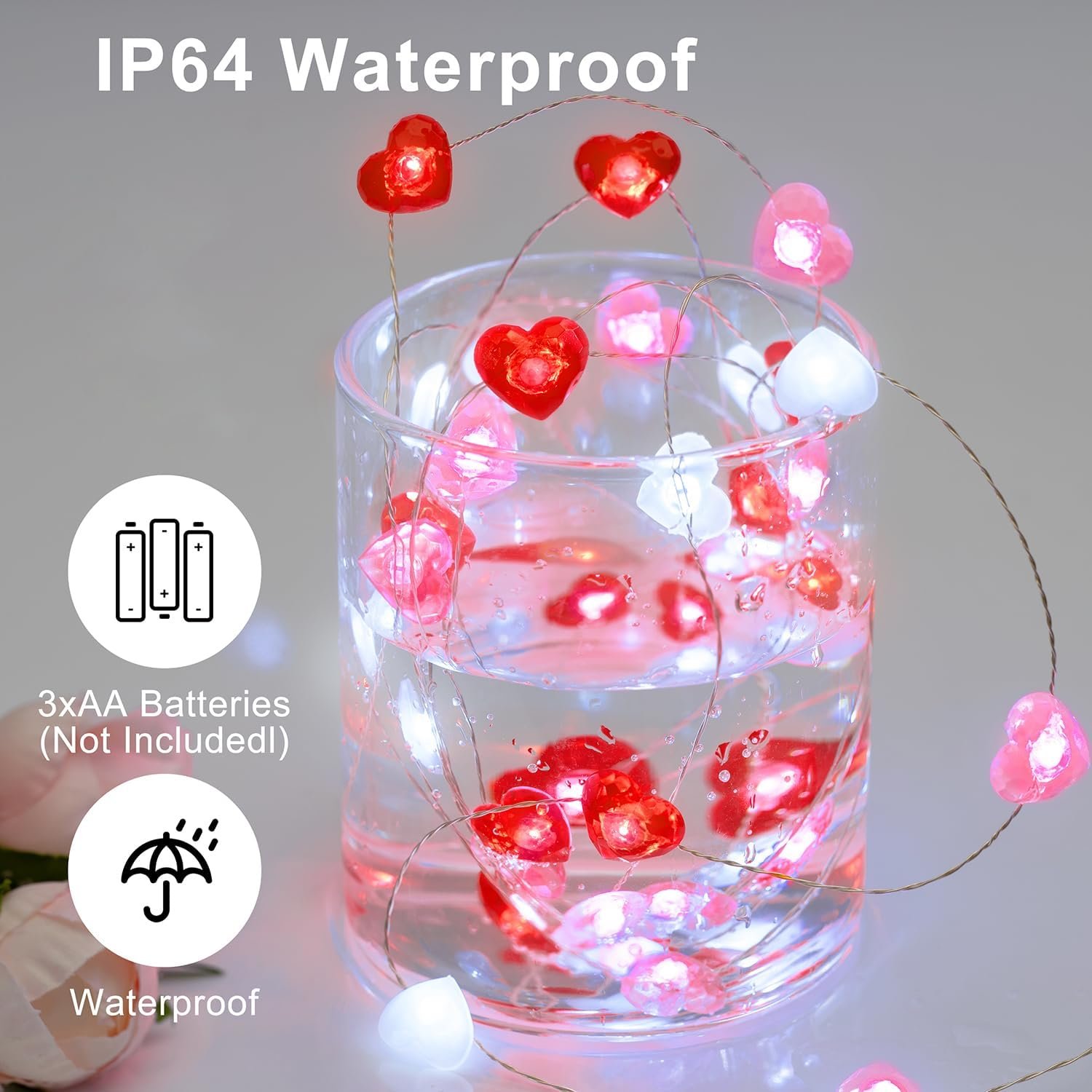 Valentine Day Decorations 13 ft 40 LEDs Red White Pink Heart Shaped Twinkle Fairy String Lights Battery Operated for Kids Wedding Indoor Outdoor Party Valentine's Day Mother's Day Decor with Timer - Image 2