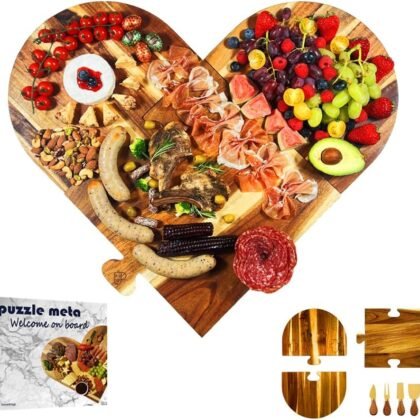 Large Charcuterie Board Set - 3 Pieces with Knife Set, Premium Acacia Wood Cheese Boards, Heart Shaped Serving Tray with Gift Box, Wedding & Bridal Shower Gift, Valentines Day Gifts