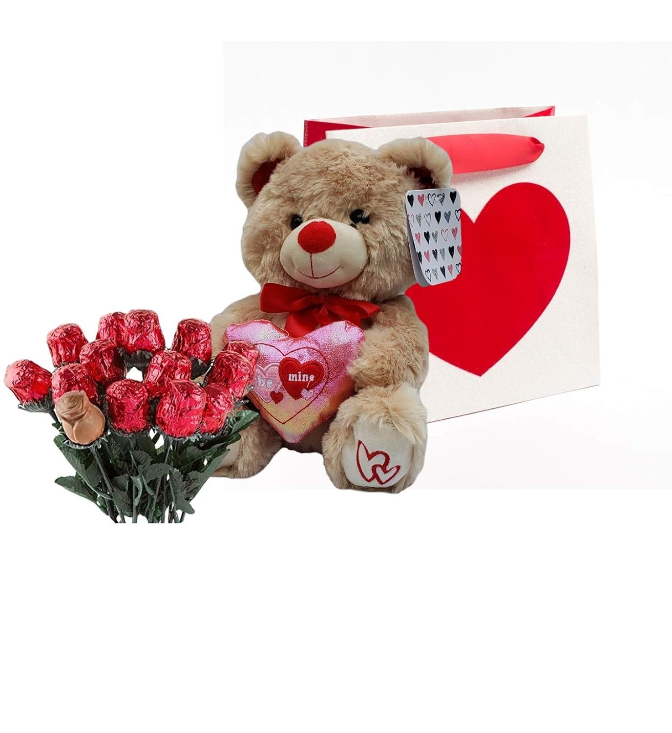 Valentines Day Gift Basket | 10 Inches Teddy Bear Plush (Color May Vary), Valentine Theme Gift Bag & A dozen Belgian Milk Chocolate Roses Bouquet 2.11 ounce | For Her Wife Girlfriend Mother Daughter - Image 3