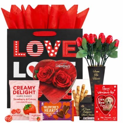 Valentines Gift Basket with Chocolate Candy Assortment, Romantic Gift Set with Heart-Shaped Rose Box For Him Her