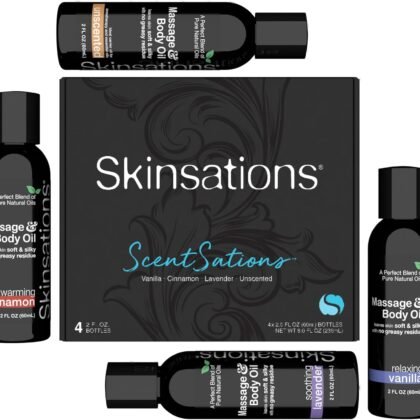 Skinsations - Massage Oil Kit (Set of 4, 2oz Each) – Travel-Size Variety Set with Vanilla, Cinnamon, Lavender & Unscented | Lightweight, Non-Greasy Oils for Relaxation, Gifting & Discovery