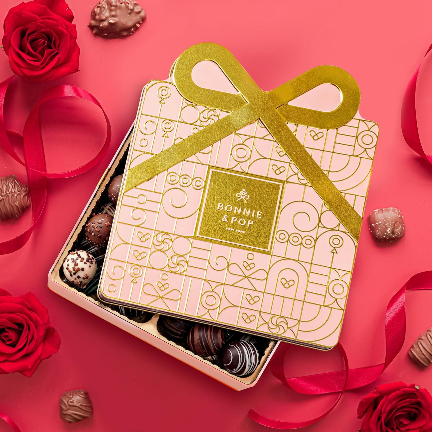 Valentines Day Chocolate Gift Basket, Candy Food Snack Gifts Bow Tin Box, Present for Her, Women, Valentine, Wife, Girlfriend, Assorted Gourmet Belgian Truffles- Pink- Bonnie & Pop - Image 3