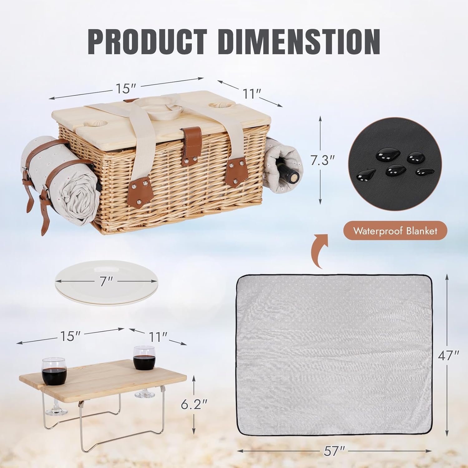 HappyPicnic Picnic Basket for 2, Handmade Wicker Picnic Set with Folding Table and Waterproof Blanket, Large Insulated Picnic Basket with Wine Bag & Cutlery Kit for Picnic, Camping, Holidays (Flower) - Image 6