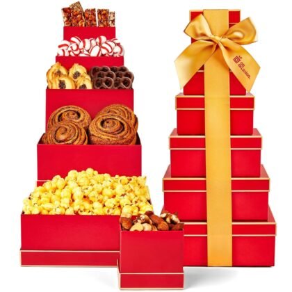 On Occasion Grand Gift Tower – 6-Tier Festive Deluxe Tower Gourmet Chocolate, Nuts & Candy Gift Basket– Heartwarming Gift for Birthday, Corporate, Family and Friends