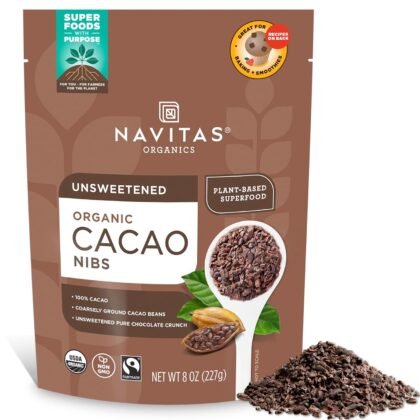 Navitas Organics Cacao Nibs – Unsweetened Dark Chocolate Crunch – Antioxidants, Minerals, Fiber – For Trail Mix, Baking & More – USDA Organic, Fairtrade, Non GMO, Gluten Free, Non-alkalized (8oz. Bag 76 Servings)