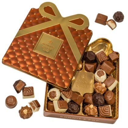 Chocolate Gift Basket, Candy Food Gifts Arrangement Platter, Gourmet Snack Gift Bow Tin Box, Present Idea, Corporate Him & Her, Men, Women, Family- Gourmet Belgian Truffles- Brown- Bonnie & Pop