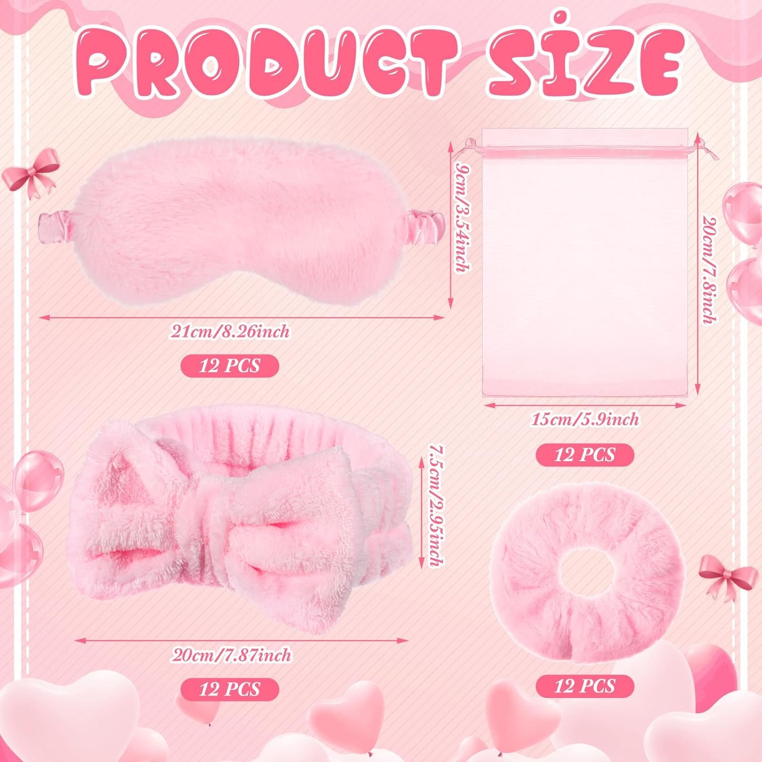 Mimorou 48 Pieces Galentine Spa Party Supplies 12 Spa Headband 12 Plush Sleep Eye Mask 12 Velvet Scrunchies 12 Organza Bags for Sleepover Slumber Party Favors Valentine Gift(Pink) - Image 2