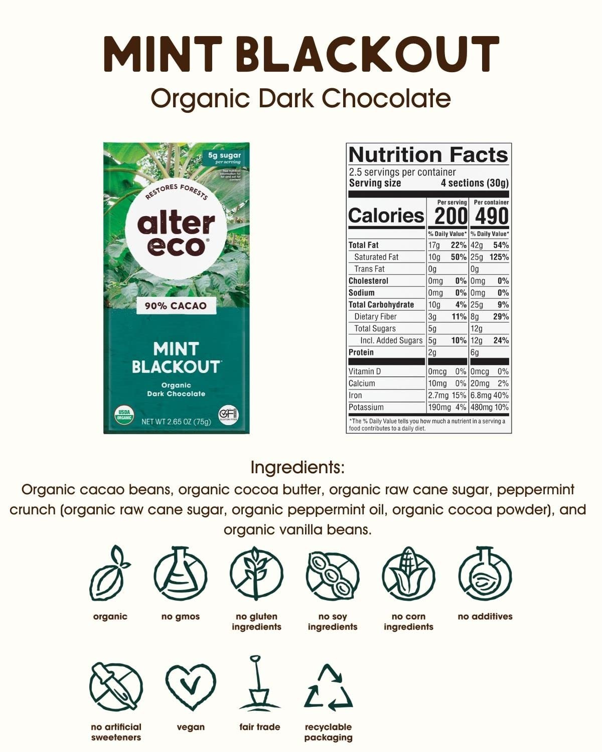 Alter Eco | Dark Chocolate Bars | Pure Dark Cocoa, Fair Trade, Organic, Non-GMO, Gluten Free (Mint Blackout) - Image 2