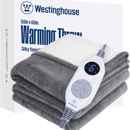 Westinghouse Electric Throw Blanket, Flannel Sherpa Heated Throw with 6 Heating Levels and 2-10 Hours Auto-Off, Flower Jacquard Heated Blanket, Fast Heating & ETL Certification, 50" x 60" Inch, Grey